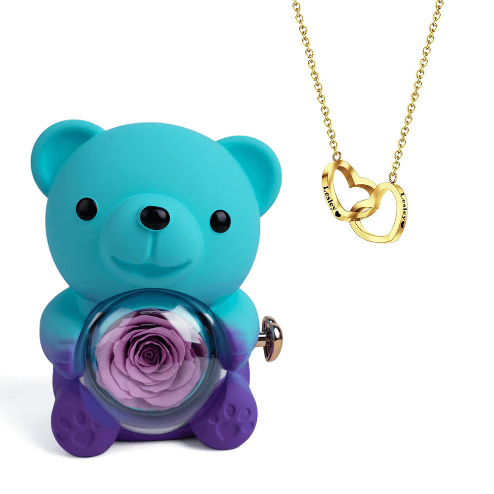 Engraved Heart Necklace with Real Rose Bear Giftbox Rose Shaped Necklace Gift Box Jewellery Gift Box