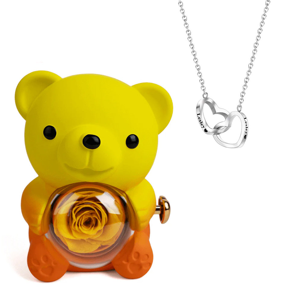 Engraved Heart Necklace with Real Rose Bear Giftbox Rose Shaped Necklace Gift Box Jewellery Gift Box