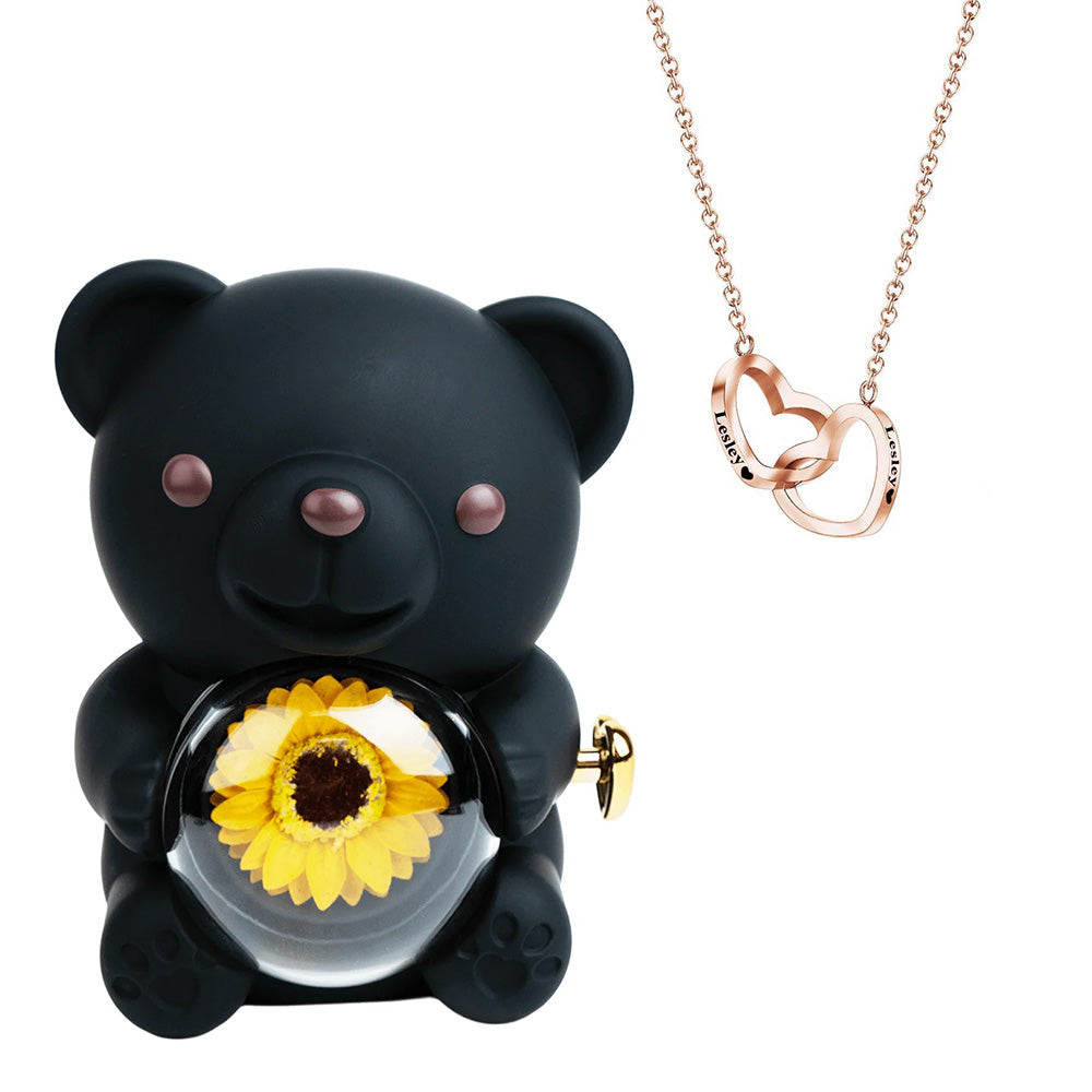 Engraved Heart Necklace with Real Rose Bear Giftbox Rose Shaped Necklace Gift Box Jewellery Gift Box