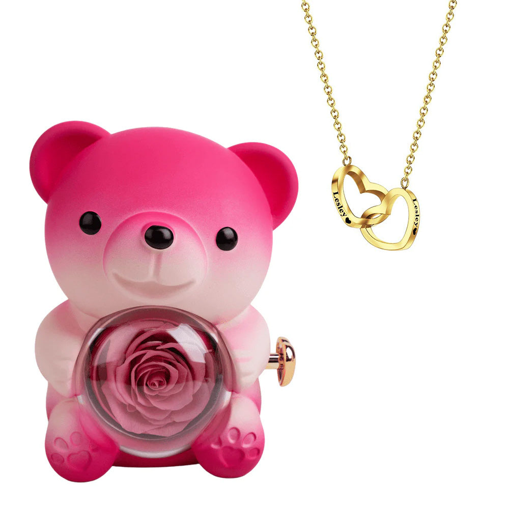 Engraved Heart Necklace with Real Rose Bear Giftbox Rose Shaped Necklace Gift Box Jewellery Gift Box