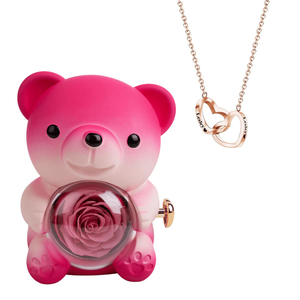 Engraved Heart Necklace with Real Rose Bear Giftbox Rose Shaped Necklace Gift Box Jewellery Gift Box