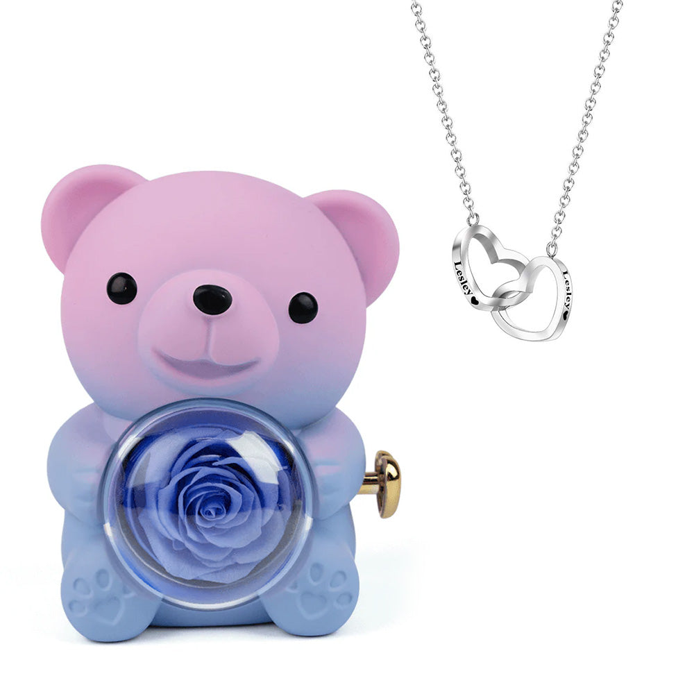Engraved Heart Necklace with Real Rose Bear Giftbox Rose Shaped Necklace Gift Box Jewellery Gift Box