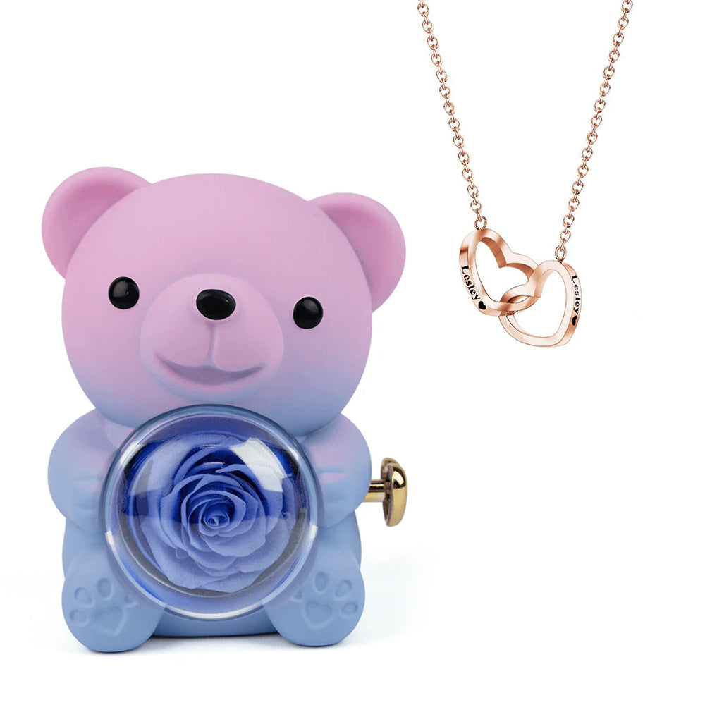 Engraved Heart Necklace with Real Rose Bear Giftbox Rose Shaped Necklace Gift Box Jewellery Gift Box