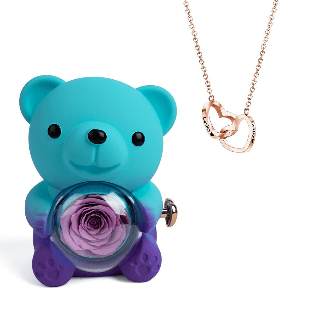 Engraved Heart Necklace with Real Rose Bear Giftbox Rose Shaped Necklace Gift Box Jewellery Gift Box