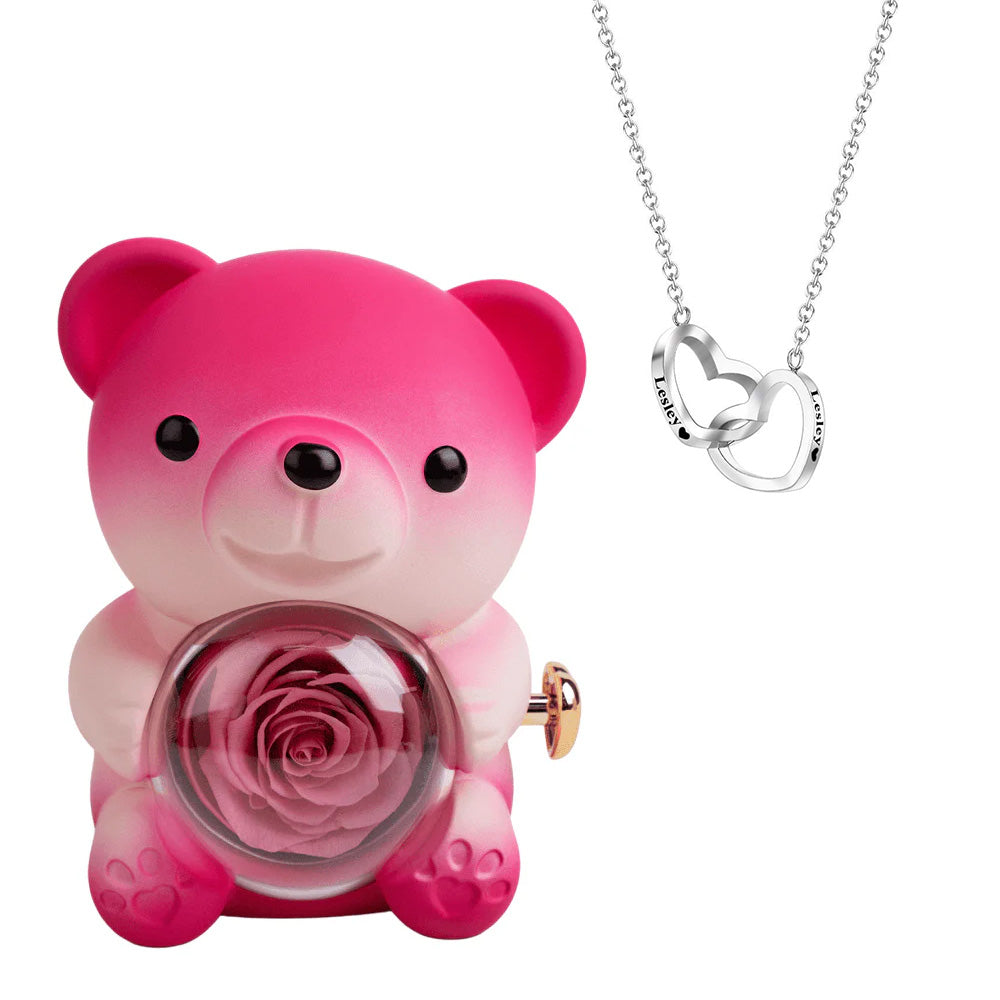 Engraved Heart Necklace with Real Rose Bear Giftbox Rose Shaped Necklace Gift Box Jewellery Gift Box